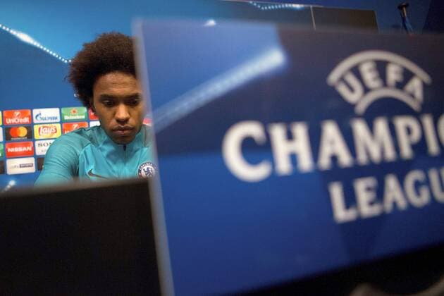 Chelsea s winger Willian Borges da Silva attends a press conference PK Pressekonferenz in Barcelona, Spain, 13 March 2018. FC Barcelona Barca will face Chelsea FC on a Champions League round of 16 second leg soccer match on 14 March 2018 at the Camp Nou stadium in Barcelona. Chelsea s press conference !ACHTUNG: NUR REDAKTIONELLE NUTZUNG!  Copyright: xEnricxFontcubertax GRAF1381 20180313-636565661614247057