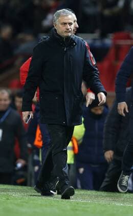 Jose Mourinho manager of Manchester United ManU walks off at half time in the Champions League Round of 16 match at Old Trafford Stadium, Manchester. Picture date: March 13th 2018. Picture credit should read: Andrew Yates Sportimage EDITORIAL USE ONLY. No use with unauthorised audio, video, data, fixture lists, club league logos or live services. Online in-match use limited to 120 images, no video emulation. No use in betting, games or single club league player publications.