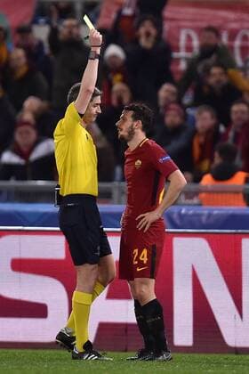 Referee Alberto Undiano Mallenco shows a yellow card to Alessandro Florenzi. Ammonizione Roma 13-03-2018 Stadio Olimpico Champions League, Ottavi di Finale. AS Roma - Shakhtar Donetsk Foto Andrea Staccioli Insidefoto andreaxstaccioli