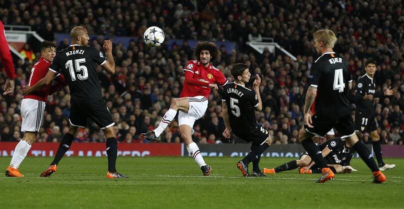 Marouane Fellaini of Manchester United ManU has a shot on goal during the Champions League Round of 16 match at Old Trafford Stadium, Manchester. Picture date: March 13th 2018. Picture credit should read: Andrew Yates Sportimage EDITORIAL USE ONLY. No use with unauthorised audio, video, data, fixture lists, club league logos or live services. Online in-match use limited to 120 images, no video emulation. No use in betting, games or single club league player publications.