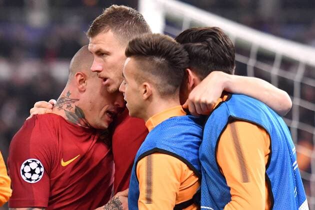 Esultanza Gol Edin Dzeko Roma 1-0 Goal celebration with Radja Nainggolan Roma 13-03-2018 Stadio Olimpico Champions League, Ottavi di Finale. AS Roma - Shakhtar Donetsk Foto Andrea Staccioli Insidefoto andreaxstaccioli