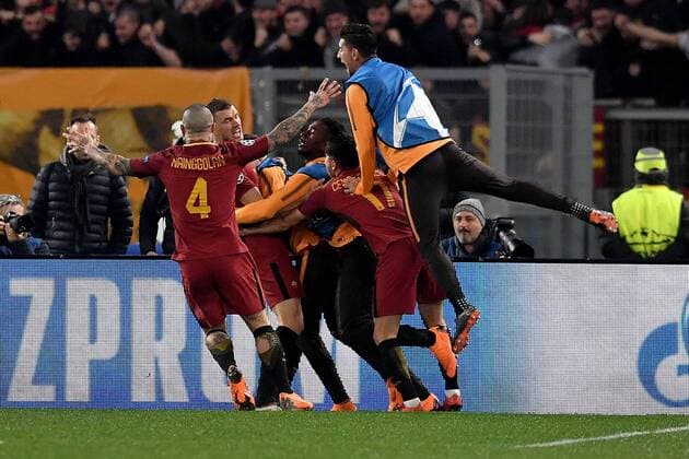 Esultanza dopo il gol di Edin Dzeko Roma. Goal celebration. Roma 13-03-2018 Stadio Olimpico Champions League, Ottavi di Finale. AS Roma - Shakhtar Donetsk Foto Antonietta Baldassarre Insidefoto AntoxBaldassarre