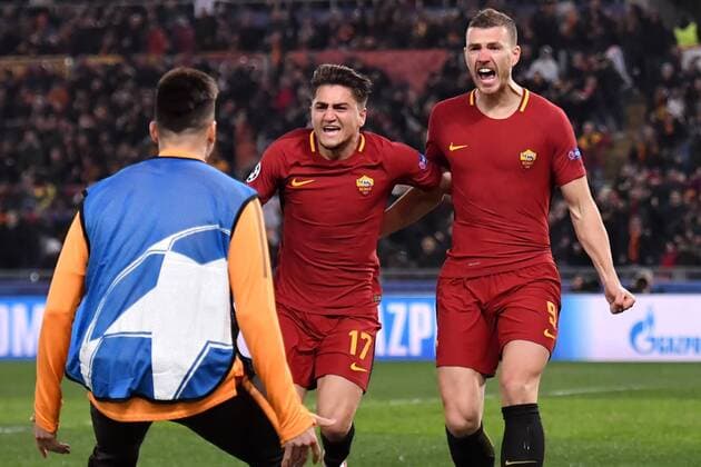 Esultanza Gol Edin Dzeko Roma 1-0 Goal celebration with Cengiz Under, Stephan El Shaarawy Roma 13-03-2018 Stadio Olimpico Champions League, Ottavi di Finale. AS Roma - Shakhtar Donetsk Foto Andrea Staccioli Insidefoto andreaxstaccioli