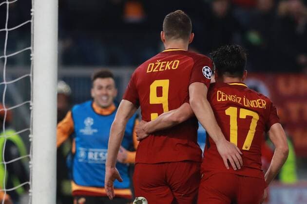 Esultanza dopo il gol di Edin Dzeko Roma goal celebration Cengiz Under Roma Roma 13-03-2018 Stadio Olimpico Football Calcio UEFA Champions League 2017 2018 AS Roma - Shakhtar Donetsk Quarti di finale ritorno, Round of 16 2st leg Foto Cesare Purini Insidefoto cesarexpurini