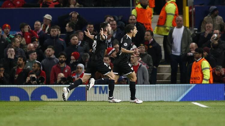 Wissam Ben Yedder of Sevilla opens the scoring during the Champions League Round of 16 match at Old Trafford Stadium, Manchester. Picture date: March 13th 2018. Picture credit should read: Andrew Yates Sportimage EDITORIAL USE ONLY. No use with unauthorised audio, video, data, fixture lists, club league logos or live services. Online in-match use limited to 120 images, no video emulation. No use in betting, games or single club league player publications.