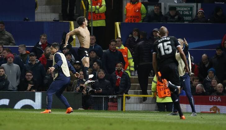 Wissam Ben Yedder of Sevilla celebrates scoring his second goal during the Champions League Round of 16 match at Old Trafford Stadium, Manchester. Picture date: March 13th 2018. Picture credit should read: Andrew Yates Sportimage EDITORIAL USE ONLY. No use with unauthorised audio, video, data, fixture lists, club league logos or live services. Online in-match use limited to 120 images, no video emulation. No use in betting, games or single club league player publications.