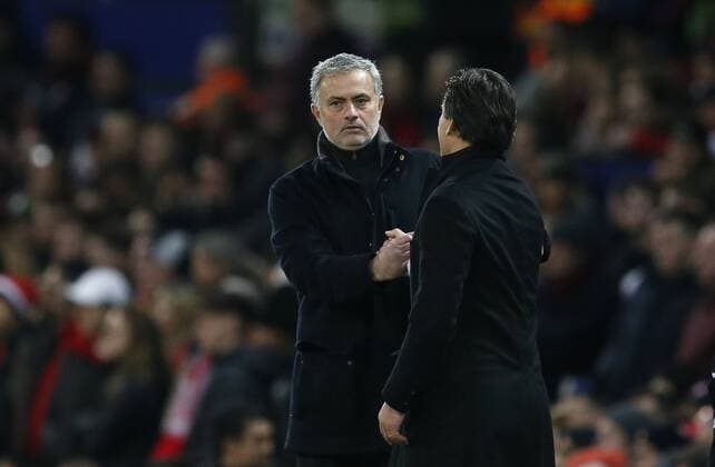 Jose Mourinho manager of Manchester United ManU and Vincenzo Montella manager of Sevilla shakes hands after losing the Champions League Round of 16 match at Old Trafford Stadium, Manchester. Picture date: March 13th 2018. Picture credit should read: Andrew Yates Sportimage EDITORIAL USE ONLY. No use with unauthorised audio, video, data, fixture lists, club league logos or live services. Online in-match use limited to 120 images, no video emulation. No use in betting, games or single club league player publications.