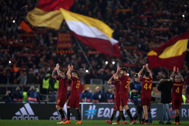 13.03.2018. Stadio Olimpico, Rome, Italy. Uefa Champions League AS Roma vs Shakhtar Donetsk . As Roma players celebrates victory at end of the match at Stadio Olimpico in Rome.  Copyright: xMarcoxIacobuccix xIPAx xMarcoxIacobuccix