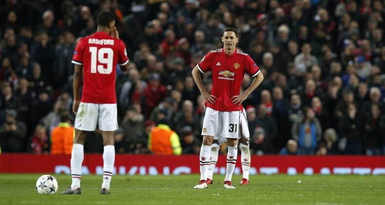 Nemanja Matic and Marcus Rashford of Manchester United ManU reacts after Sevilla score during the Champions League Round of 16 match at Old Trafford Stadium, Manchester. Picture date: March 13th 2018. Picture credit should read: Andrew Yates Sportimage EDITORIAL USE ONLY. No use with unauthorised audio, video, data, fixture lists, club league logos or live services. Online in-match use limited to 120 images, no video emulation. No use in betting, games or single club league player publications.