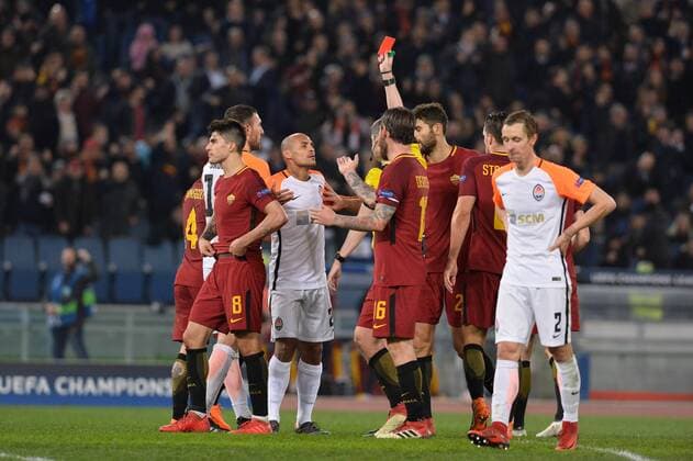 March 13, 2018 - Rome, Italy - Expulsion of Ivan Ordets for a foul on Edin Dzeko during the Champions League football match A.S. Roma vs Shakhtar Donetsk at the Olympic Stadium in Rome, on march 13, 2018. AS Roma v Shakhtar Donetsk - UEFA Champions League Round of 16: Second Leg  - ZUMAn230 20180313_zaa_n230_479 Copyright: xSilviaxLorex
