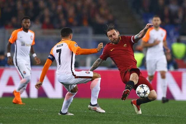 March 13, 2018 - Rome, Italy - AS Roma v FC Shakhtar Donetsk : UEFA Champions League Round of 16 Second leg.Taison of Shakhtar Donetsk and Daniele De Rossi of Roma at Olimpico Stadium in Rome, Italy on March 13, 2018. AS Roma v Shakhtar Donetsk - UEFA Champions League Round of 16: Second Leg  - ZUMAn230 20180313_zaa_n230_498 Copyright: xMatteoxCiambellix