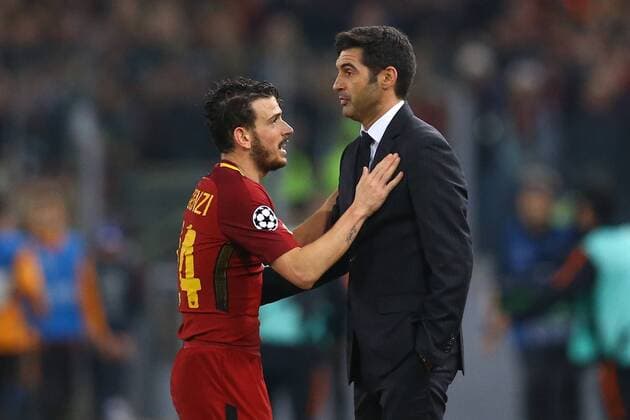 March 13, 2018 - Rome, Italy - AS Roma v FC Shakhtar Donetsk : UEFA Champions League Round of 16 Second leg.Alessandro Florenzi of Roma and Shakhtar Donetsk manager Paulo Fonseca at Olimpico Stadium in Rome, Italy on March 13, 2018. AS Roma v Shakhtar Donetsk - UEFA Champions League Round of 16: Second Leg  - ZUMAn230 20180313_zaa_n230_505 Copyright: xMatteoxCiambellix