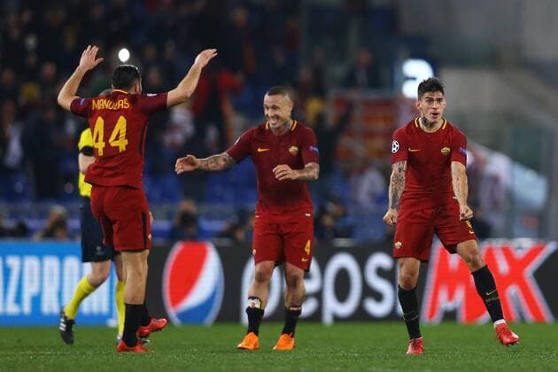 March 13, 2018 - Rome, Italy - AS Roma v FC Shakhtar Donetsk : UEFA Champions League Round of 16 Second leg.Radja Nainggolan of Roma and Konstantin Manolas of Roma celebration at Olimpico Stadium in Rome, Italy on March 13, 2018. AS Roma v Shakhtar Donetsk - UEFA Champions League Round of 16: Second Leg  - ZUMAn230 20180313_zaa_n230_511 Copyright: xMatteoxCiambellix