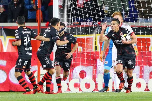 HARRISON, NJ - MARCH 13: Tijuana midfielder Luis Mendoza (26) celebrates with teammate Tijuana forward Rubio Rubin (35) after scoring during the first half of the CONCACAF Champions League Quarter-final match between the New York Red Bulls and Club Tijuana on March 13, 2018, at Red Bull Arena in Harrison, NJ. (Photo by Rich Graessle Icon Sportswire) SOCCER: MAR 13 CONCACAF CHAMPIONS LEAGUE - CLUB TIJUANA AT NEW YORK RED BULLS Icon0313183241 EDITORIAL USE ONLY
