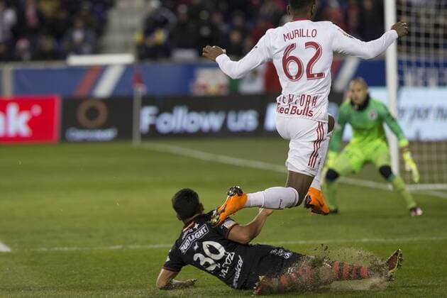 Scotiabank Concacaf Champions League quarterfinal Michael Murillo (62) of Red Bulls & Hiram Munoz (30) of Club Tijuana collide during Scotiabank Concacaf Champions League quarterfinal second leg game at Red Bull Arena Red Bulls won 3 - 1 (5 - 1 on aggregate) Harrison New Jersey United States Red Bull Arena  LevxRadin PacificxPress