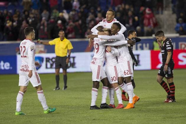 Scotiabank Concacaf Champions League quarterfinal Red Bulls team celebrates scoring goal by Marc Rzatkowski (90) during Scotiabank Concacaf Champions League quarterfinal second leg game against Club Tijuana at Red Bull Arena Red Bulls won 3 - 1 (5 - 1 on aggregate) Harrison New Jersey United States Red Bull Arena  LevxRadin PacificxPress