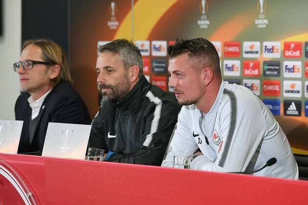 Football Europa League Press Conference FC Salzburg on 14 03 2018 in the Red Bull Arena in Salzburg Christian Kircher Press Secretary Salzburg left Marco Rose Coach Salzburg middle Alexander Walke Salzburg right xRx