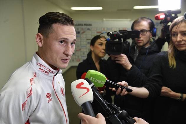 Obrance fotbalove Slavie Praha Jan Boril vystoupil na tiskove konferenci 14. brezna v Praze usporadane pred derby se Spartou 17. brezna. CTKPhotoP201803140742901  kmt