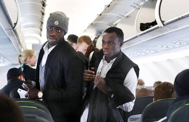 RB Leipzig Journey St Petersburg Euro League St Petersburg 14 03 2018 Soccer UEFA Euro League Eighth finals Zenit St Petersburg vs RB Leipzig The team of RB Leipzig on the plane to Saint Petersburg for tomorrows game In the picture v l Dayot Upamecano and Bruma