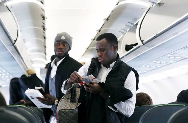 RB Leipzig Journey St Petersburg Euro League St Petersburg 14 03 2018 Soccer UEFA Euro League Eighth finals Zenit St Petersburg vs RB Leipzig The team of RB Leipzig on the plane to Saint Petersburg for tomorrows game In the picture v l Dayot Upamecano and Bruma