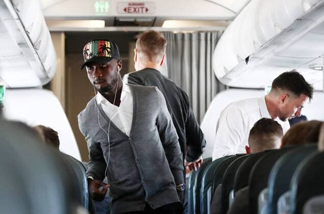 RB Leipzig Journey St Petersburg Euro League St Petersburg 14 03 2018 Soccer UEFA Euro League Eighth finals Zenit St Petersburg vs RB Leipzig The team of RB Leipzig on the plane to St Petersburg tomorrow game In the picture Naby Keita