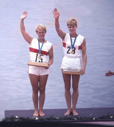 1968 Summer Olympics in Mexico City award ceremony kayak two women Roswitha Esser and Annemarie Zimmermann Germany Germany with gold medals wave 24 10 1968 HM