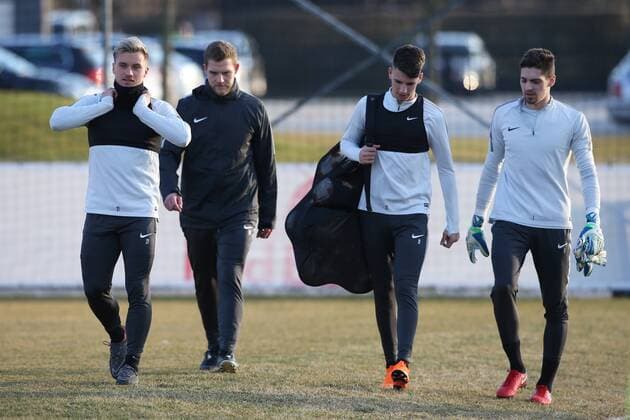 SOCCER - UEFA EL, RBS vs Dortmund SALZBURG,AUSTRIA,14.MAR.18 - SOCCER - UEFA Europa League, Red Bull Salzburg vs Borussia Dortmund, preview, training of RBS. Image shows Fredrik Gulbrandsen and Cican Stankovic (RBS). GEPAxpictures xMathiasxMandl