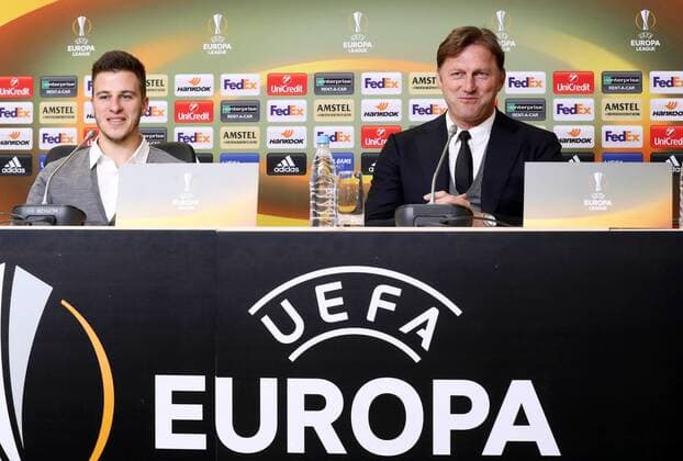 RB Leipzig PK St Petersburg Euro League St Petersburg 14 03 2018 Krestowski Stadium Football UEFA Euro League Eighth Finals Re Zenit St Petersburg RB Leipzig RB Leipzig Press Conference on the eve Picture Diego Demme l and coach Ralph Hasenhüttl Hasenhuettl RB Leipzig