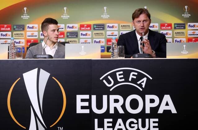 RB Leipzig PK St Petersburg Euro League St Petersburg 14 03 2018 Krestowski Stadium Football UEFA Euro League Eighth Finals Re Zenit St Petersburg RB Leipzig RB Leipzig Press Conference on the eve Picture Diego Demme l and coach Ralph Hasenhüttl Hasenhuettl RB Leipzig