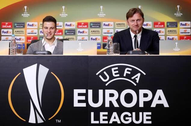 RB Leipzig PK St Petersburg Euro League St Petersburg 14 03 2018 Krestowski Stadium Football UEFA Euro League Eighth Finals Re Zenit St Petersburg RB Leipzig RB Leipzig Press Conference on the eve Picture Diego Demme l and coach Ralph Hasenhüttl Hasenhuettl RB Leipzig
