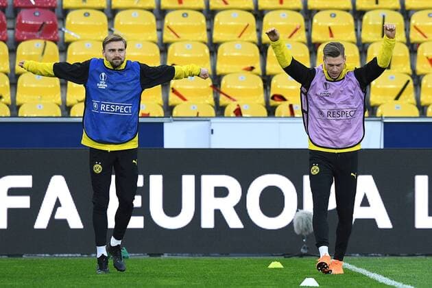 Soccer Europa League final training Borussia Dortmund on 14 03 2018 in the Red Bull Arena in Salzburg Marcel Schmelzer Dortmund left Lukasz Piszczek Dortmund right xRx