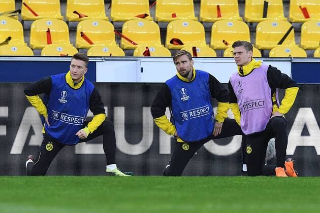 Soccer Europa League Final training Borussia Dortmund on 14 03 2018 in the Red Bull Arena in Salzburg Marco Reus Dortmund left Marcel Schmelzer Dortmund center Lukasz Piszczek Dortmund right xRx