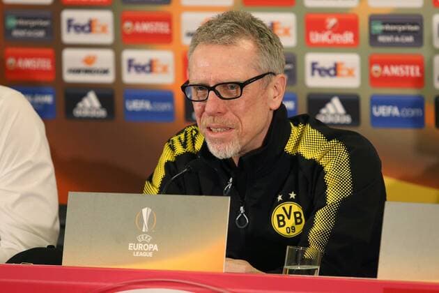 SOCCER - UEFA EL, RBS vs Dortmund SALZBURG,AUSTRIA,14.MAR.18 - SOCCER - UEFA Europa League, Red Bull Salzburg vs Borussia Dortmund, preview, press conference PK Pressekonferenz of Dortmund. Image shows head coach Peter Stoeger (Dortmund). GEPAxpictures xMathiasxMandl