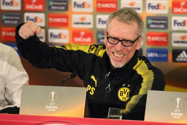 SOCCER - UEFA EL, RBS vs Dortmund SALZBURG,AUSTRIA,14.MAR.18 - SOCCER - UEFA Europa League, Red Bull Salzburg vs Borussia Dortmund, preview, press conference PK Pressekonferenz of Dortmund. Image shows head coach Peter Stoeger (Dortmund). GEPAxpictures xMathiasxMandl