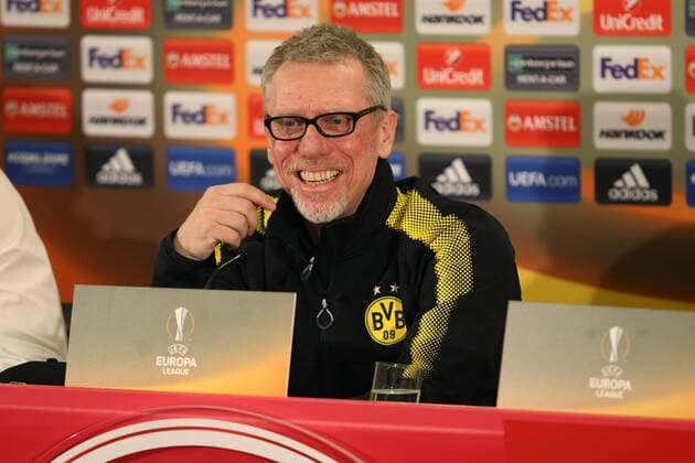 SOCCER - UEFA EL, RBS vs Dortmund SALZBURG,AUSTRIA,14.MAR.18 - SOCCER - UEFA Europa League, Red Bull Salzburg vs Borussia Dortmund, preview, press conference PK Pressekonferenz of Dortmund. Image shows head coach Peter Stoeger (Dortmund). GEPAxpictures xMathiasxMandl