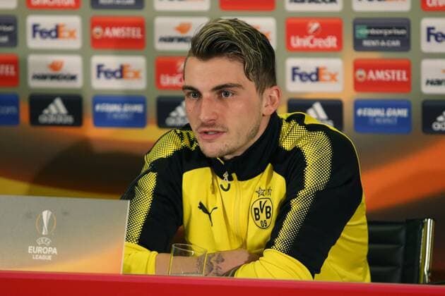 SOCCER - UEFA EL, RBS vs Dortmund SALZBURG,AUSTRIA,14.MAR.18 - SOCCER - UEFA Europa League, Red Bull Salzburg vs Borussia Dortmund, preview, press conference PK Pressekonferenz of Dortmund. Image shows Maximilian Philipp (Dortmund). GEPAxpictures xMathiasxMandl