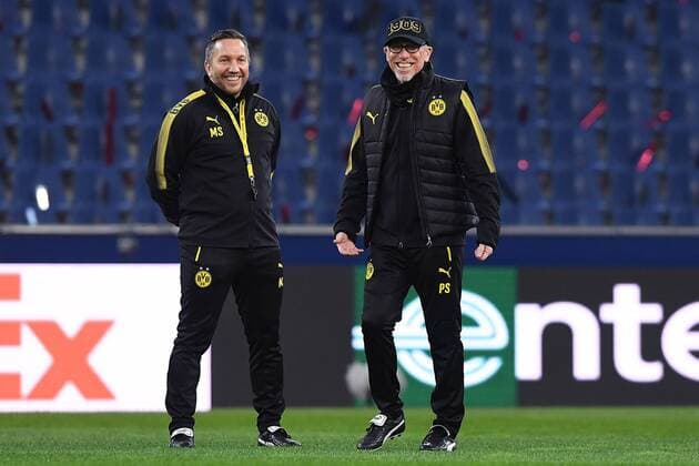 Soccer Europa League final training Borussia Dortmund on 14 03 2018 in the Red Bull Arena in Salzburg Manfred Schmid Co coach Dortmund left Peter Stöger head coach Dortmund right xRx