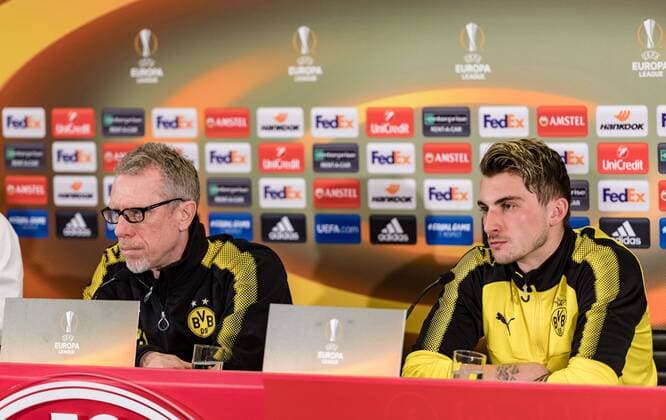 14 03 2018 Red Bull Arena Salzburg UEFA Champions League Round of 16 UEFA Champions League Final Round-up Press Conference in the picture by Peter St ger Borussia Dortmund Maximilian Philipp Borussia Dortmund during the UEFA Europa League Round of 16 2nd Leg match between FC Salzburg and Borussia Dortmund at the Red Bull Arena in Salzburg Austria on 2018 03 14 Salzburg  EX_ADE