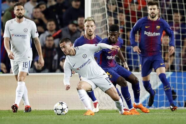 Fußball, CL, FC Barcelona - FC Chelsea (l-r) Olivier Giroud of Chelsea FC, Eden Hazard of Chelsea FC, Ivan Rakitic of FC Barcelona Barca Ousmane Dembele of FC Barcelona, Gerard Pique of FC Barcelona during the UEFA Champions League round of 16 match between FC Barcelona and Chelsea FC at the Camp Nou stadium on March 14, 2018 in Barcelona, Spain. UEFA Champions League 2017 2018 xVIxVIxImagesx xMauricexvanxSteenxIVx 10346055