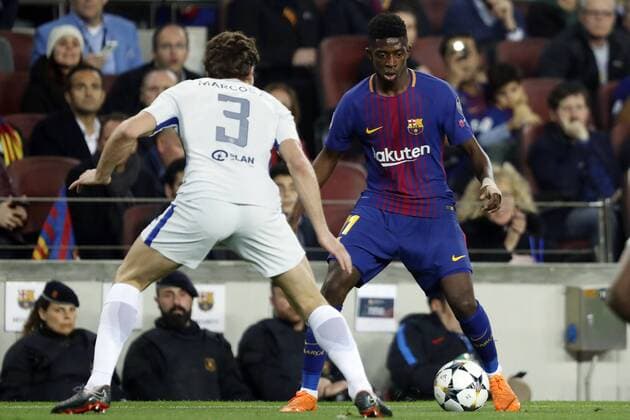 Fußball, CL, FC Barcelona - FC Chelsea (l-r) Marcos Alonso of Chelsea FC, Ousmane Dembele of FC Barcelona Barca during the UEFA Champions League round of 16 match between FC Barcelona and Chelsea FC at the Camp Nou stadium on March 14, 2018 in Barcelona, Spain. UEFA Champions League 2017 2018 xVIxVIxImagesx xMauricexvanxSteenxIVx 10346091
