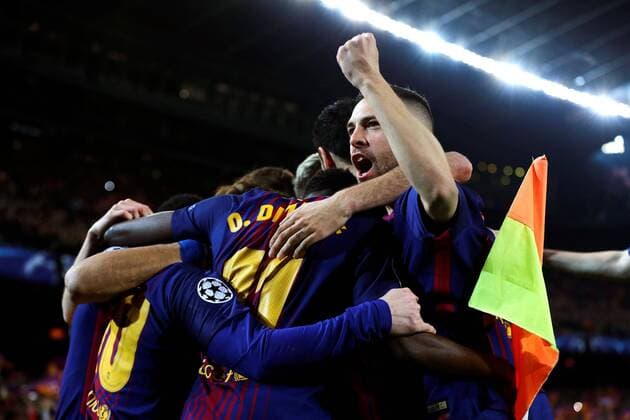 Fußball, CL, FC Barcelona - FC Chelsea FC Barcelona Barca s players jubilate the first goal of the team during the UEFA Champions League round of 16 second leg match between FC Barcelona and Chelsea at the Camp Nou stadium in Barcelona, Catalonia, Spain, 14 March 2018. FC Barcelona vs. Chelsea !ACHTUNG: NUR REDAKTIONELLE NUTZUNG!  Copyright: xAlejandroxGarciax BCN003 20180314-636566584999305176