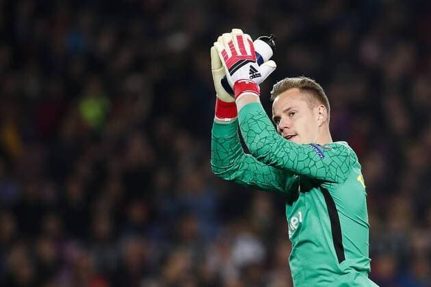 14th March 2018, Camp Nou, Barcelona, Spain; UEFA Champions League football, round of 16, 2nd leg, FC Barcelona Barca versus Chelsea; Marc Andre Ter Stegen of FC Barcelona celebrates the 1-0 scored by Leo Messi of FC Barcelona  ActionPlus12001552