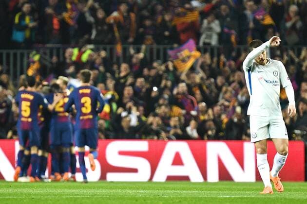 FC Barcelona Barca v Chelsea UEFA Champions League Eden Hazard of Chelsea is dejected as Ousmane Dembele of FC Barcelona celebrates with team mates after scoring their second goal to make it FC Barcelona 2 Chelsea 0 during the UEFA Champions League match at Camp Nou, Barcelona Content Not Available For UK Newspapers Copyright: xKristianxKanex FIL-11502-0030