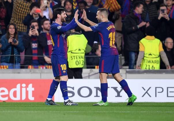 FOOTBALL CHAMPIONS LEAGUE SEASON 2017 2018 EIGHTHFINAL REPUTATION FC Barcelona FC Chelsea London 14 03 2018 Lionel Messi li and Jordi Alba re both Barca rejoice after 1 0 Barcelona
