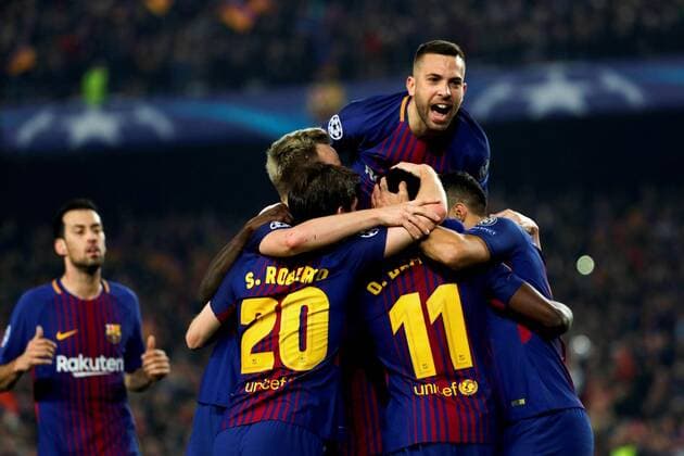 Fußball, CL, FC Barcelona - FC Chelsea FC Barcelona Barca s Ousmane Dembele (R) jubilates a goal with his teammates during the UEFA Champions League round of 16 second leg match between FC Barcelona and Chelsea at the Camp Nou stadium in Barcelona, Catalonia, Spain, 14 March 2018. FC Barcelona vs. Chelsea !ACHTUNG: NUR REDAKTIONELLE NUTZUNG!  Copyright: xAlejandroxGarciax BCN005 20180314-636566601545705176