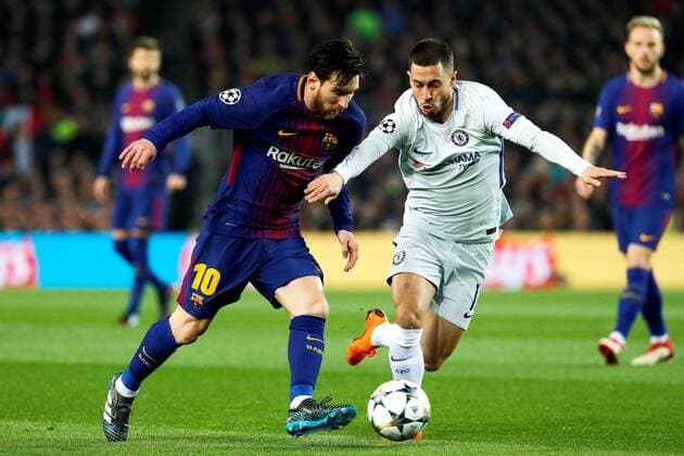 FC Barcelona Barca s Lionel Messi (L) vies for the ball with Chelsea s Eden Hazard during the UEFA Champions League round of 16 second leg match between FC Barcelona and Chelsea at the Camp Nou stadium in Barcelona, Catalonia, Spain, 14 March 2018. FC Barcelona vs. Chelsea !ACHTUNG: NUR REDAKTIONELLE NUTZUNG!  Copyright: xAlejandroxGarciax BCN007 20180314-636566601580649176