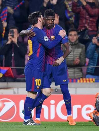 FOOTBALL CHAMPIONS LEAGUE SEASON 2017 2018 EIGHTH FINAL RECEPTION FC Barcelona FC Chelsea London 14 03 2018 Lionel Messi li and Ousmane Dembele re both Barca rejoice after 1 0 Barcelona