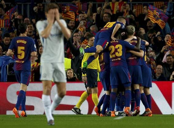 Fußball, CL, FC Barcelona - FC Chelsea FC Barcelona Barca s players jubilate the second goal of the team during the UEFA Champions League round of 16 second leg match between FC Barcelona and Chelsea at the Camp Nou stadium in Barcelona, Catalonia, Spain, 14 March 2018. FC Barcelona vs. Chelsea !ACHTUNG: NUR REDAKTIONELLE NUTZUNG!  Copyright: xEnricxFontcubertax BCN009 20180314-636566602214789176