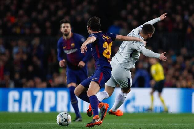March 14, 2018 - Camp Nou, Barcelona, Spain - UEFA Champions League- FC Barcelona Barca v Chelsea FC; Sergi Roberto of FC Barcelona fight the ball with Eden Hazard of Chelsea FC  xAndresxGarciax xAFP7x xFCxBarcelonaxvxChelsea,xChampionsxLeague,xMarx14thx2018x