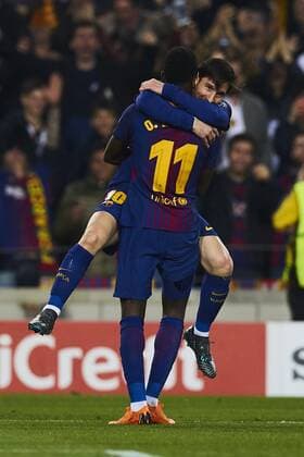 14 03 2018 xslx Football Champions League Eighth Final FC Barcelona Chelsea London emspor vl Dembele FC Barcelona Cheers on the 2 0 alongside Lionel Messi FC Barcelona Barcelona